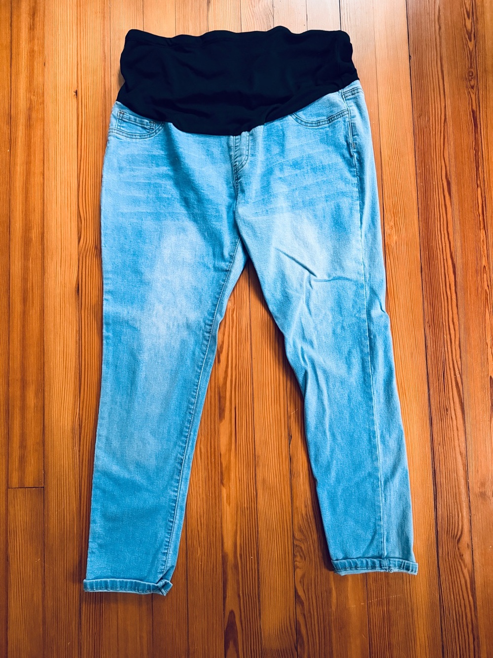 SHEIN Light Blue Denim Slim Straight XXL 14 Jeans with Black Waistband